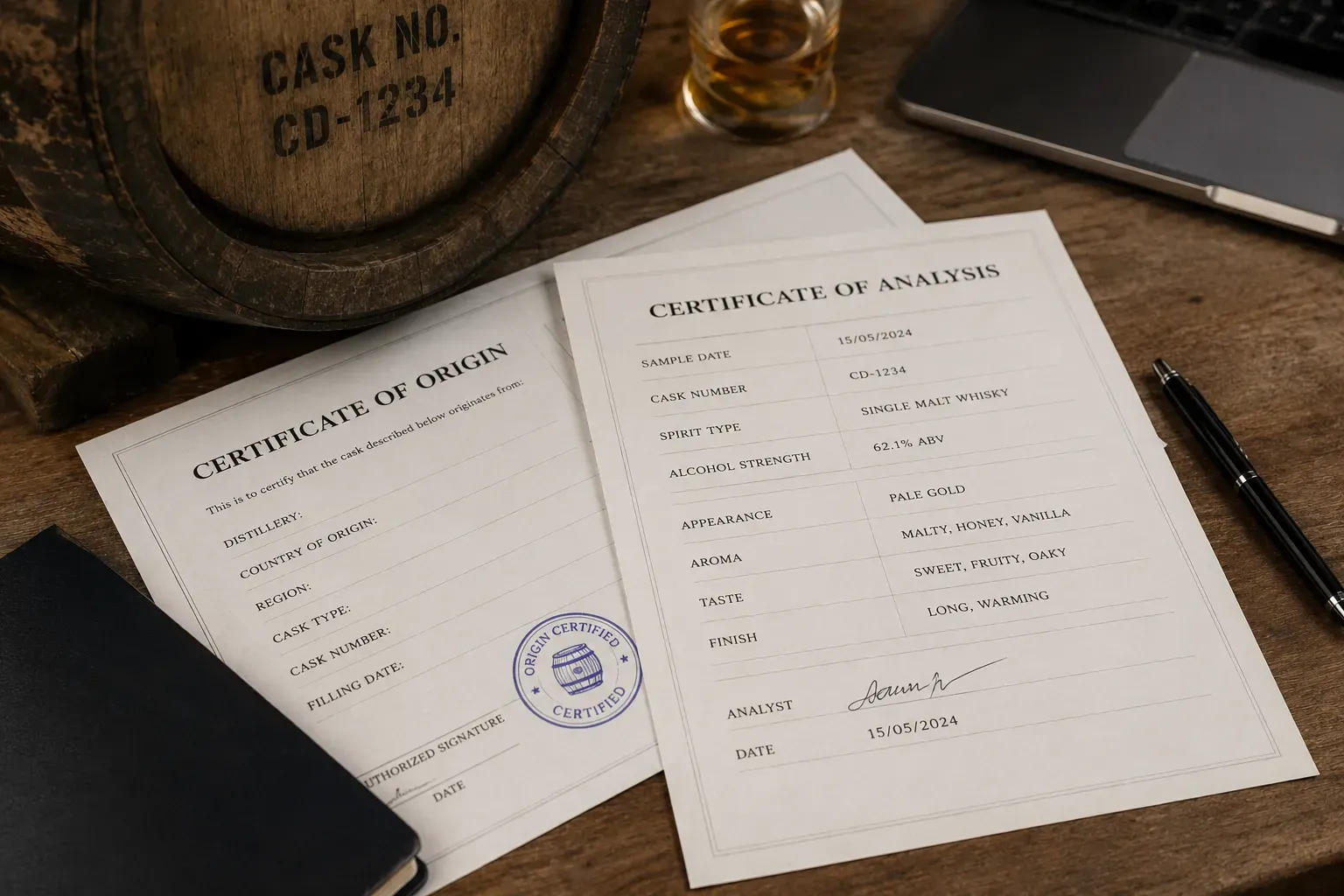 Certificate of Origin and Certificate of Analysis illustration
